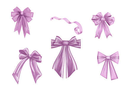 set of pink bows  and ribbon isolated on whiteのイラスト素材