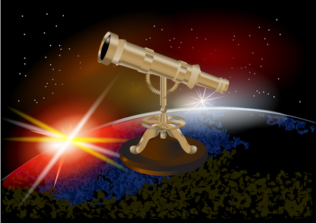 telescope on a wooden stand and night skyのイラスト素材