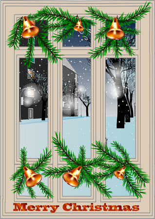 Christmas window with bells. View at the streetのイラスト素材