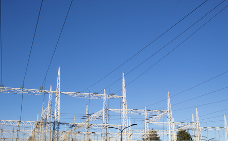 high voltage station against the blue skyの写真素材