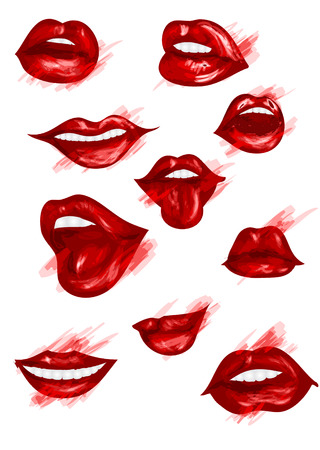 set of red womens lips isolated on whiteのイラスト素材