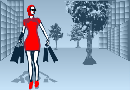 abstract background with street and woman in red dressのイラスト素材