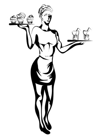 A waitress silhouette with trays isolated on a white backgroundの写真素材
