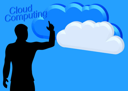 Illustration of a businessman touching cloud on a skyの写真素材