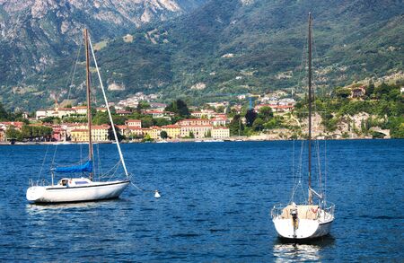 boats in the lake water in Lecco. Parked yachts and boats on lake Comoの写真素材