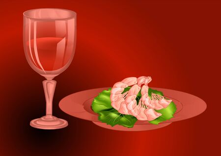 prawns with wine. wine glass with plate of prawns on red tabeleclothの写真素材