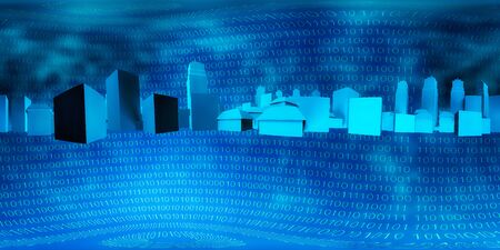 city and binary code on a blue background. HDRI map 3D illustrationの写真素材