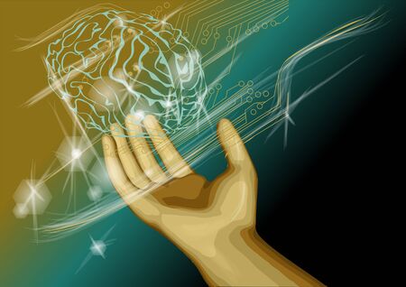 artificial intelligence background. Wired brain illustration and handのイラスト素材