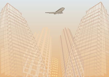 travel by airplane. illustration of airplane flying over sketch of buildingのイラスト素材