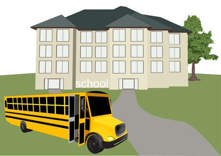 school building and bus on green grassのイラスト素材