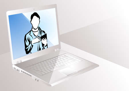 Videochatting With Doctor. Using laptop for video chat with doctorのイラスト素材