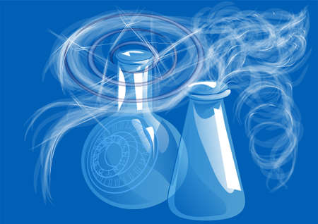 alchemy abstract background. glass bottle contain a smoking magic potionのイラスト素材