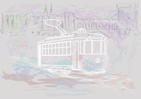 old street tram on abstract bacground . vector illustrationのイラスト素材
