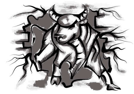 bull coming out of the wall vector illustrationのイラスト素材