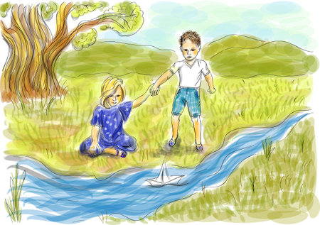 children near the stream vector illustrationのイラスト素材