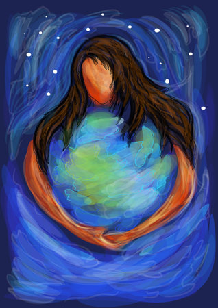 earth defend concept vector illustration with planet and womanのイラスト素材