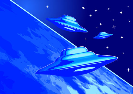 three UFO in night sky vector illustrationのイラスト素材