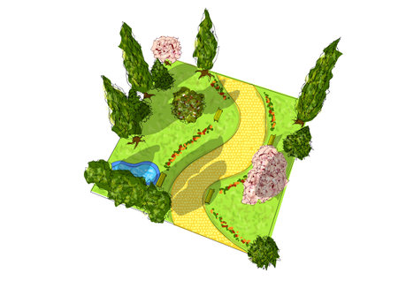 garden vector  illustration with trees and flowersのイラスト素材