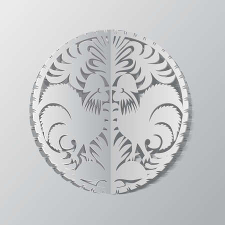 Round symmetrical card with two cocks cut out of white paperのイラスト素材
