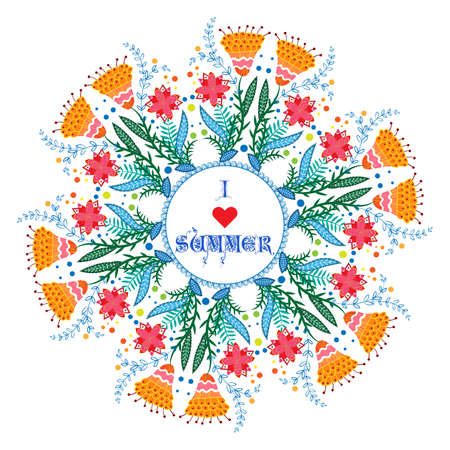 Vector illustration of a Flower Arrangement in a circle with the inscription I love summerのイラスト素材