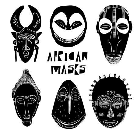 Vector illustration set of african black and white masksのイラスト素材