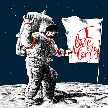 Black-and-white astronaut images on the surface of the moon with craters. The astronaut holds a flag bearing the inscription "I love my mother."のイラスト素材