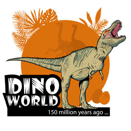 Stock vector illustration with a picture of a Tyrannosaurus on an orange background and an inscription. Can be used as a print or poster.のイラスト素材