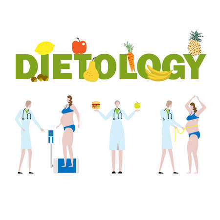 Stock vector illustration Nutritionist and patient on white background with inscriptionのイラスト素材