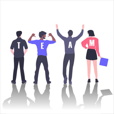 Team. Four characters stand back. The letters are written on a white background.のイラスト素材