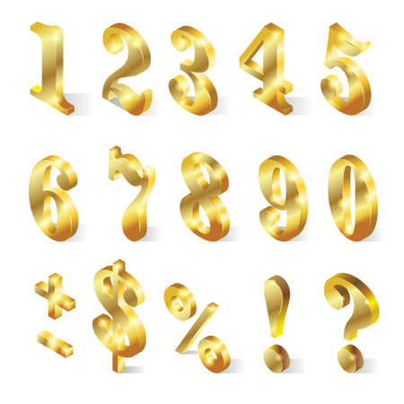 Isometric golden numbers from 0 to 9 isolated stock vector illustration on white background