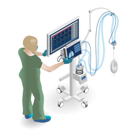 nurse with ventilator medical equipment coronavirus pandemic lung pneumonia hospital vaccine medical care recovery isometric stock vector illustrationの写真素材