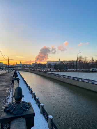 Moscow river embarkment at dusk. Blue sky. Steamの写真素材