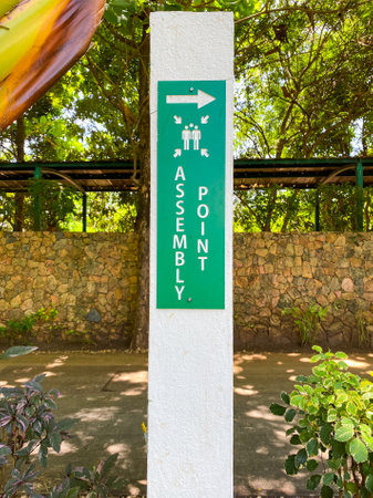 Assembly point sign on green signpost in a parkの写真素材