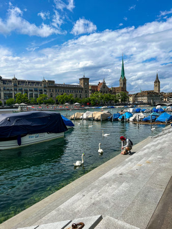 Zurich, Switzerland - July 20, 2023: Panoramic view of historical city center of Zurichのeditorial素材