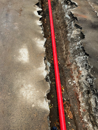 Red plastic for communications in a trenchの写真素材