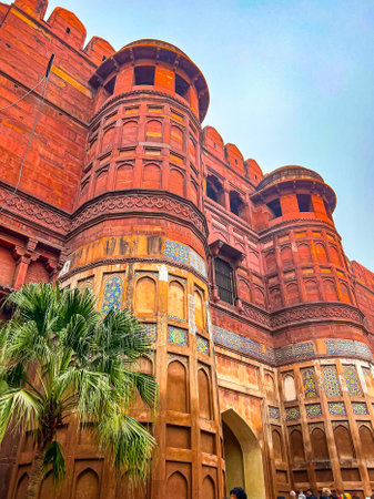 Agra, India - January 4, 2024: Colorful entrance gate of The Red Fort of Agra