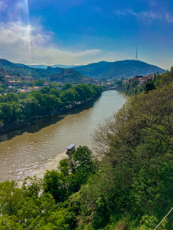 Panoramic view of the Kura river and Narikala hill in Tbilisi