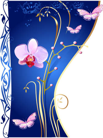 Orchids and butterflies on blue background のイラスト素材