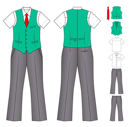The suit of the cashier or seller (waistcoat, shirt, tie, trousers) isolated on whiteのイラスト素材