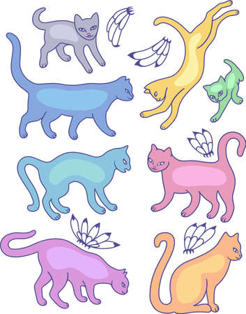 Eight cat silhouettes and fly flowers isolated on white background のイラスト素材