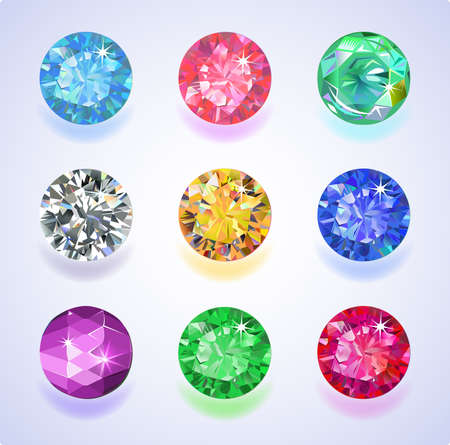 Set of nine colored gems isolated on light background  のイラスト素材