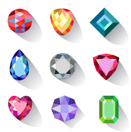 Flat style long shadow colored gems jewelry icons isolated on white background, vector illustration