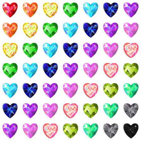 Seamless pattern of colored heart cut gems isolated on white background, vector illustrationのイラスト素材