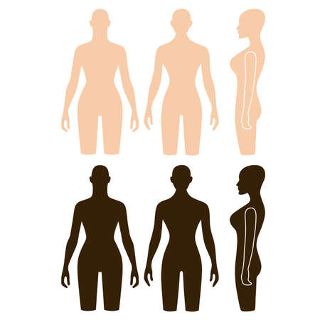 Woman mannequin outlined torso (front, back, side view). Vector illustration isolated on white background. You can use this image for fashion design and etc.のイラスト素材