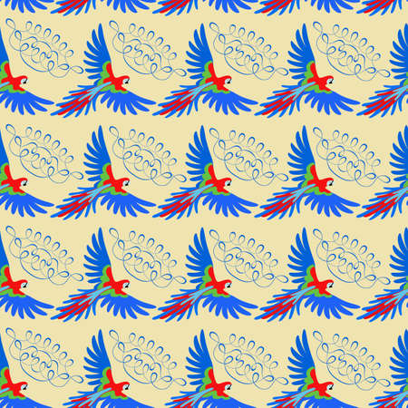 Macaw parrot seamless pattern, vector illustration isolated on beige backgroundのイラスト素材