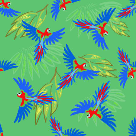Macaw parrot seamless pattern, vector illustration isolated on green backgroundのイラスト素材