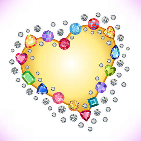 Colored gems heart shape frame isolated on light background, vector illustrationのイラスト素材