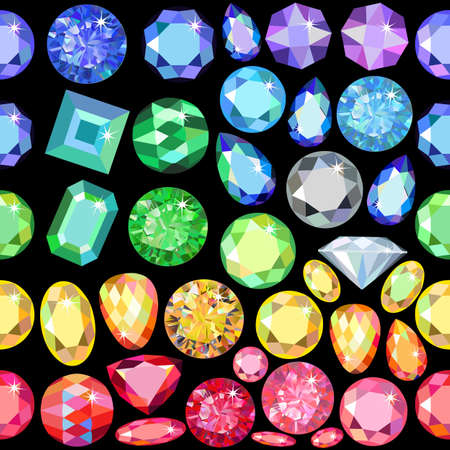 Seamless scattered gems, rhinestones isolated on black background, vector illustrationのイラスト素材