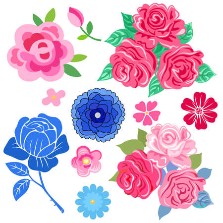 Roses with leaves set isolated on white background, vector illustrationのイラスト素材