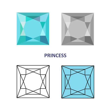 Low poly colored & black outline template princess gem cut icons isolated on white background, illustrationのイラスト素材